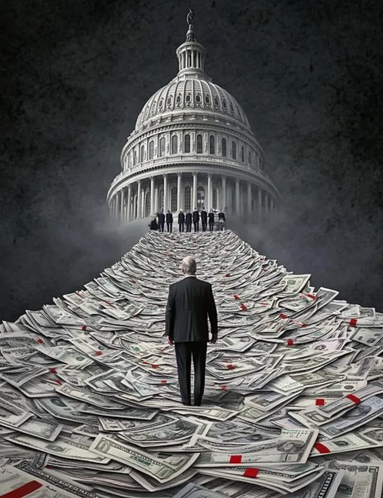A man walks away from a group of figures towards the US Capitol building, which is situated at the end of a path paved with money. The image suggests a critique of political corruption and the influence of wealth on governance.  The dark, somber tone emphasizes the gravity of the situation.  The vast quantity of money highlights the scale of the problem.