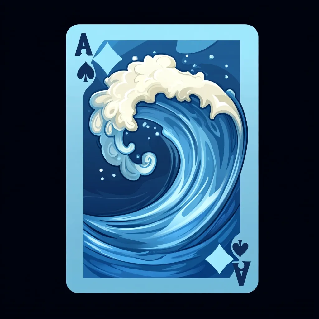 This image depicts a stylized playing card, the Ace of Spades, uniquely designed.  The card features a large, powerful ocean wave in shades of blue, rendered in a Ukiyo-e inspired style.  The wave's crest is foamy white, contrasting against the deep blue hues. The Ace and spade symbols are clearly visible in the corners, completing the design. The overall aesthetic is a blend of traditional card design and Japanese art.