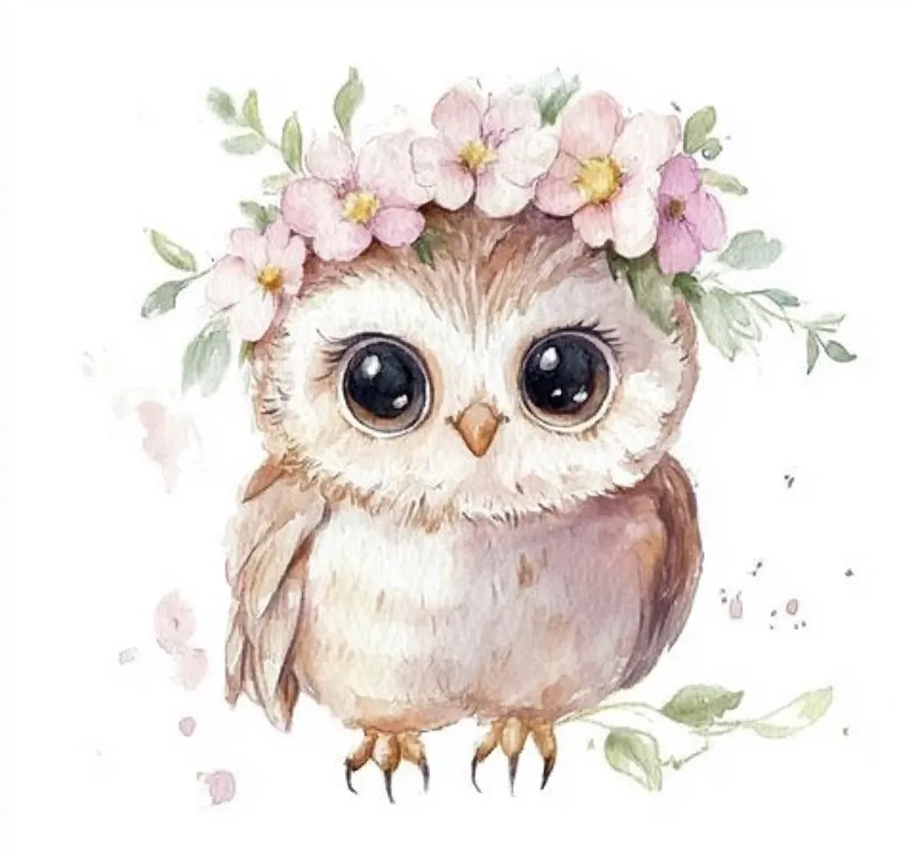 A watercolor painting of a cute baby owl.  The owl is light brown with large, expressive eyes. It wears a delicate crown of pink flowers and green leaves. The style is whimsical and charming, perfect for children's illustrations or decorative prints.  Soft pastel colors and subtle watercolor washes create a gentle and dreamy atmosphere.