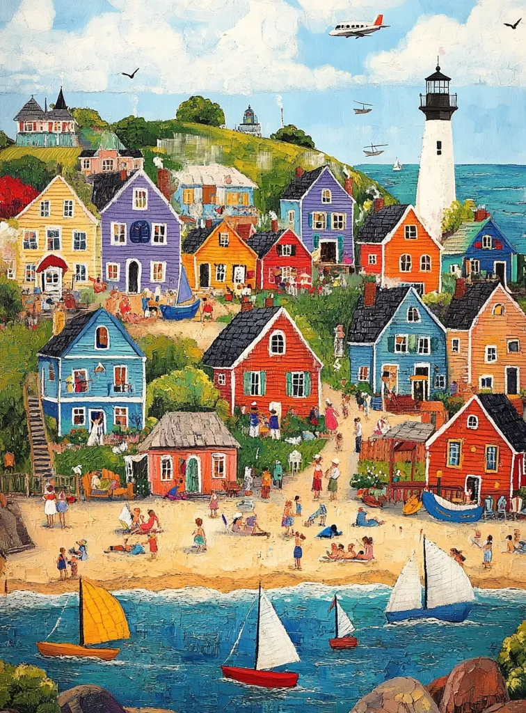 A vibrant coastal village scene unfolds, showcasing colorful houses clustered on a hillside overlooking a sandy beach.  Small sailboats dot the tranquil blue water, while figures enjoy the sun and sand. A prominent lighthouse stands tall, adding to the charming, idyllic atmosphere.  A plane flies overhead, adding a touch of modern life to this picturesque setting. The artwork features a textured, almost impasto style, enhancing its whimsical appeal.