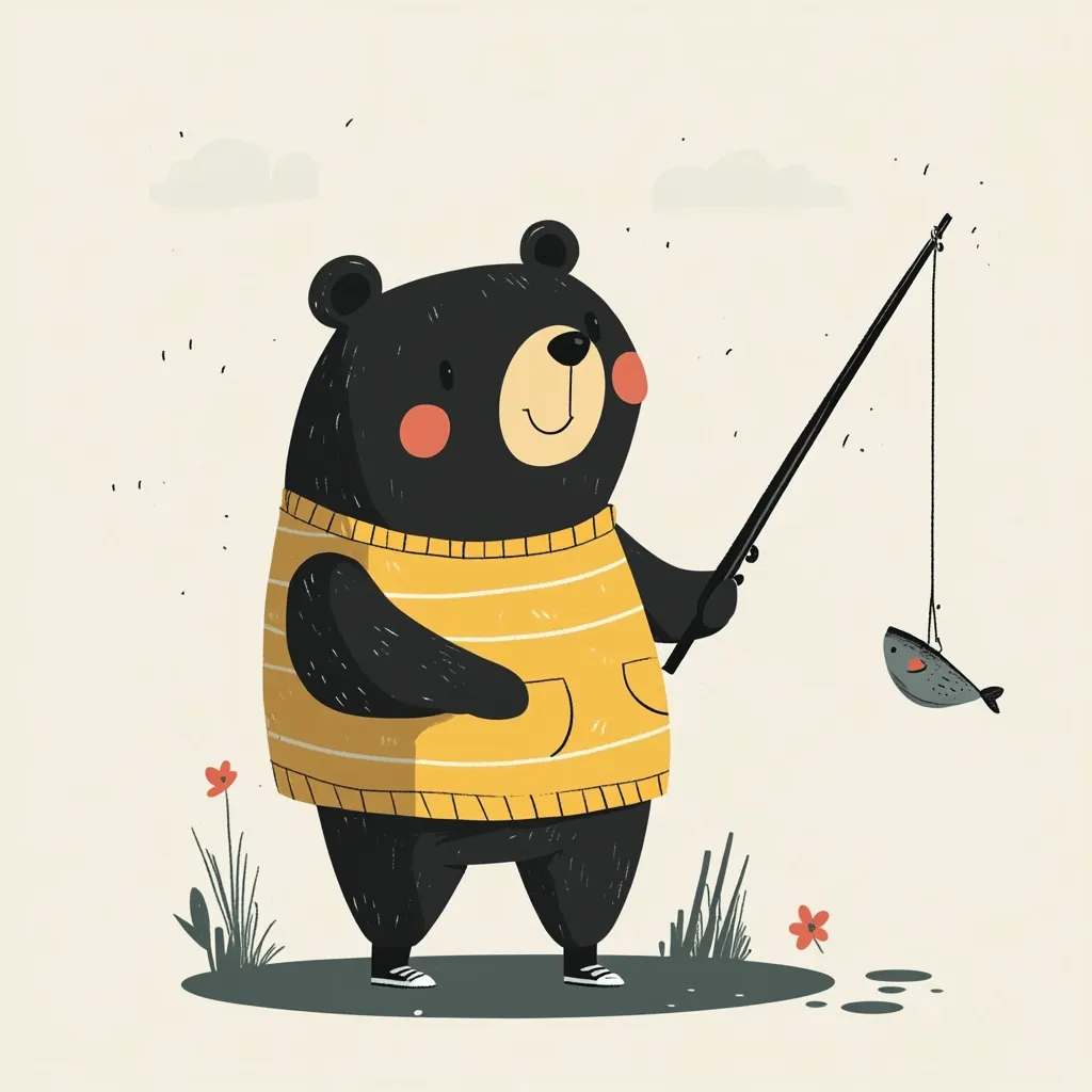 A cute cartoon black bear, wearing a yellow sweater, proudly holds a fishing rod.  A small fish dangles from the line. The bear stands in a simple landscape with sparse grass and a few small flowers. The overall style is whimsical and childlike, with a soft color palette.