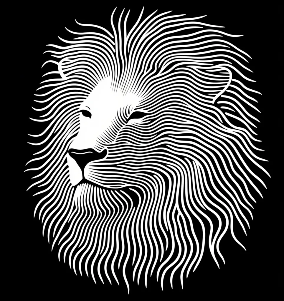 A stylized illustration of a lion's head, rendered in black and white.  The image uses parallel lines to create the effect of the lion's mane and features, giving it a bold, graphic quality. The lion's expression is serene, its features subtly detailed within the linear pattern. The overall design is striking and visually impactful, suitable for various artistic applications.