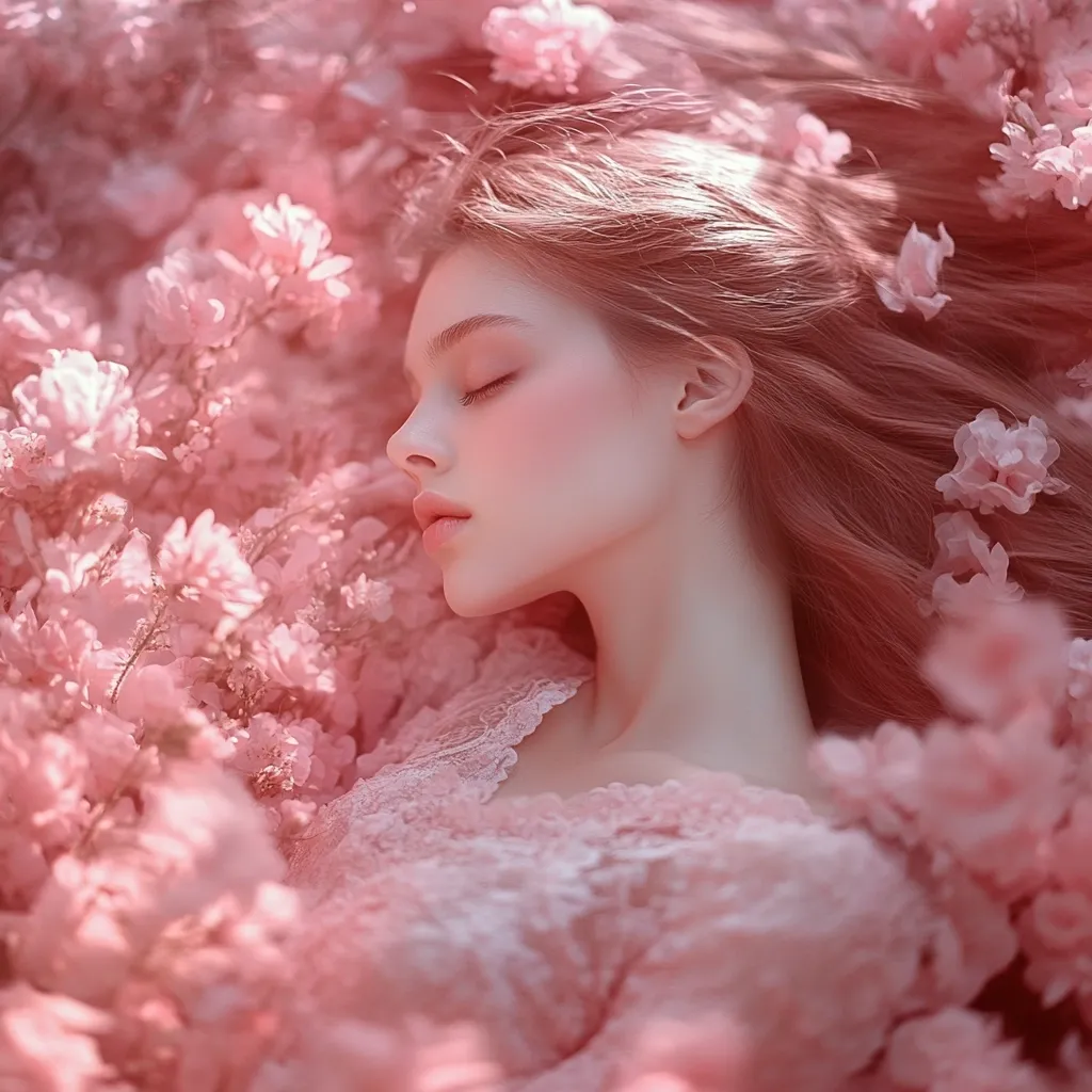 A young woman with long, flowing auburn hair lies peacefully asleep amidst a profusion of delicate pink blossoms.  She wears a lacy, light pink dress, and her skin has a soft, ethereal quality. The scene is dreamlike and romantic, bathed in a soft, gentle light.  The overall effect is one of serene beauty and tranquility.