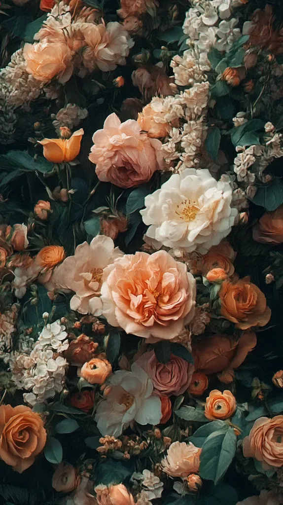 A lush arrangement of peach, apricot, and creamy white roses and ranunculus blossoms.  Deep green foliage provides a rich backdrop to the densely packed flowers, creating a romantic and opulent floral display. The overall color palette is soft and muted, suggesting a vintage or antique aesthetic.  The image evokes a feeling of abundance and beauty.