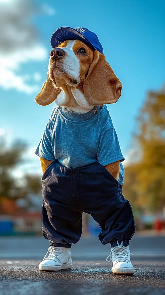 A beagle dog is dressed in casual attire, including a blue baseball cap, a light blue t-shirt, dark pants, and white sneakers. The dog stands on a paved road, looking upward with a thoughtful expression.  The background is blurred, showing a sunny day with trees and a partly cloudy sky. The overall image is humorous and charming, showcasing the dog in human-like clothing.