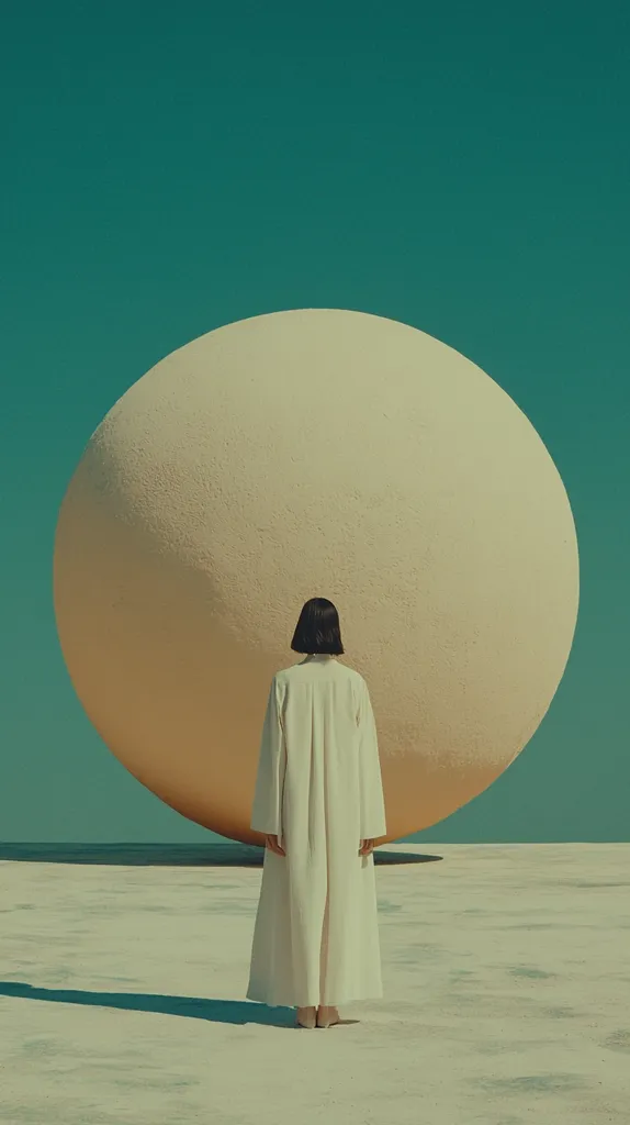 A woman in a long, white robe stands on a flat, light-colored surface, facing away from the viewer.  Behind her, a large, pale yellow sphere dominates the scene under a teal sky. The overall aesthetic is minimalist and surreal, with a strong emphasis on shape and color.  The image evokes a sense of solitude and contemplation.