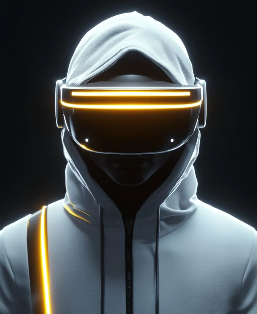 A person wearing a white hooded sweatshirt and a futuristic virtual reality headset with glowing orange accents is depicted. The dark background highlights the bright, sleek design of the headset and the minimalist clothing.  The image evokes a sense of technological advancement and anonymity. The overall aesthetic is clean and modern.