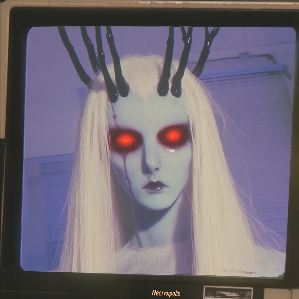 A pale figure with long white hair and glowing red eyes dominates the screen.  Black, spiky protrusions crown its head.  The figure's complexion is ashen, and streaks of red trace its cheeks. The image has a vintage, grainy filter, evoking a ghostly or eerie atmosphere. The word "Necropolis" is subtly displayed below.