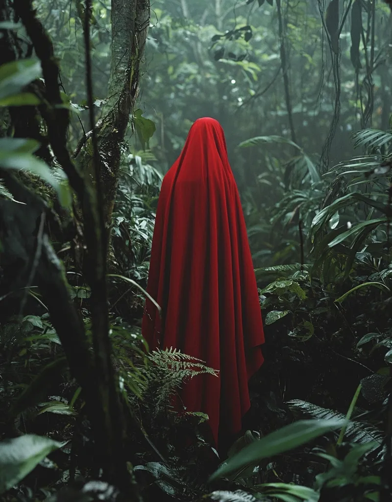 A figure shrouded in a flowing red cloak stands within a lush, verdant rainforest. The cloak obscures their identity, adding to the mysterious ambiance of the scene.  Surrounding foliage is dense and dark, creating a moody, atmospheric image.  The contrast between the vibrant red and the deep greens of the jungle is striking.