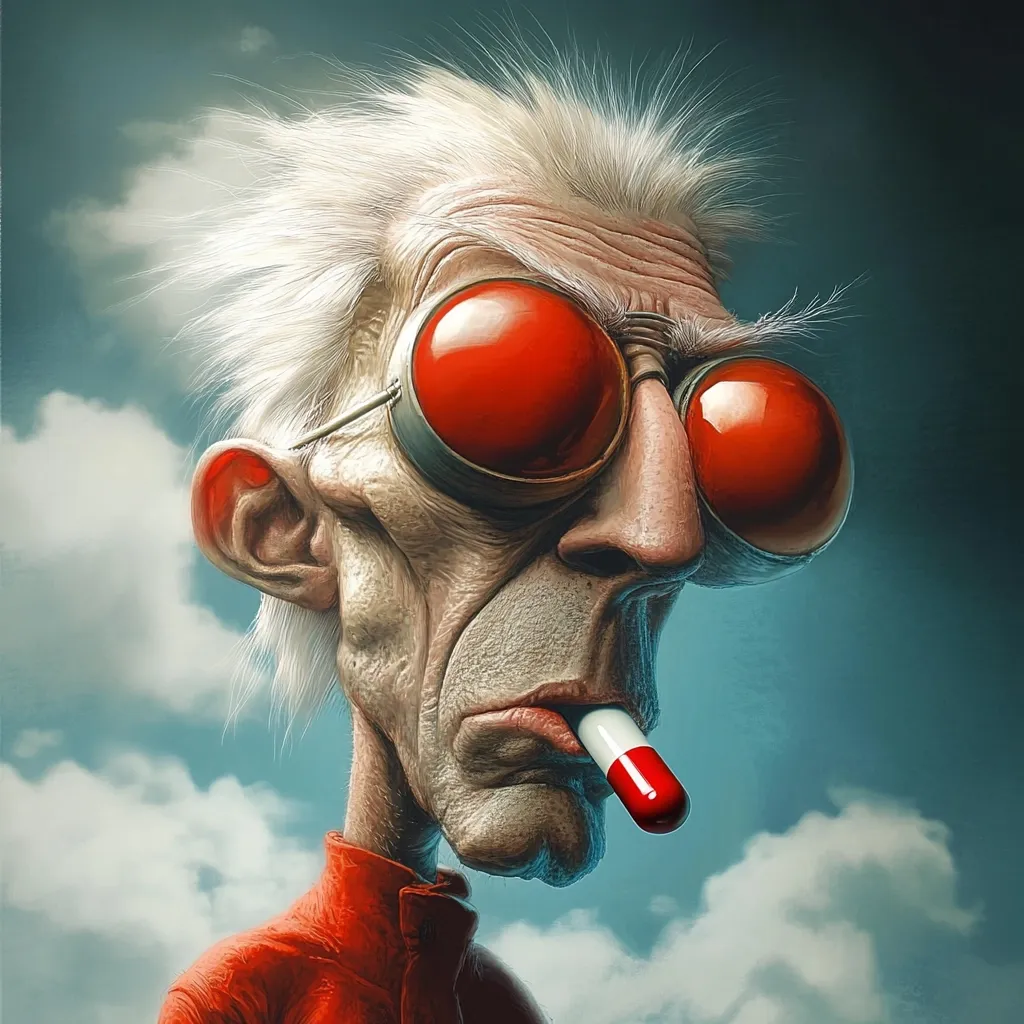 A digital caricature of an elderly man with exaggerated features.  He has large, round red goggles, prominent ears, and deeply lined skin.  His white hair is unkempt, and he holds a large pill between his lips like a cigarette.  He's dressed in a red shirt, set against a cloudy sky backdrop, suggesting a contemplative or perhaps melancholic mood. The style is hyperrealistic with a touch of surrealism.