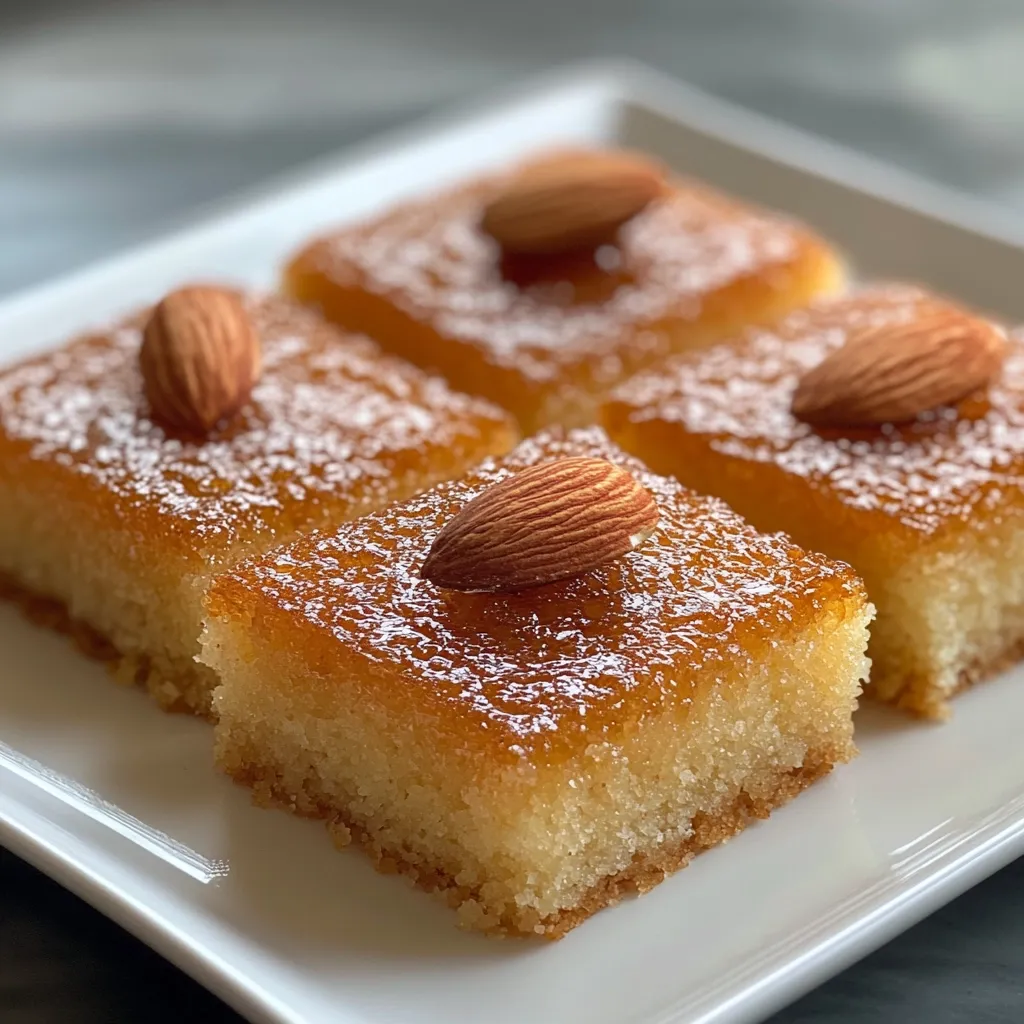 Four golden-brown basbousa squares are artfully arranged on a white rectangular plate.  Each square is topped with a single almond and dusted with powdered sugar. The glistening, syrupy glaze adds to the dessert's inviting appearance, hinting at a moist and flavorful texture.  The image showcases the delectable treats in a close-up shot, emphasizing their appealing details.