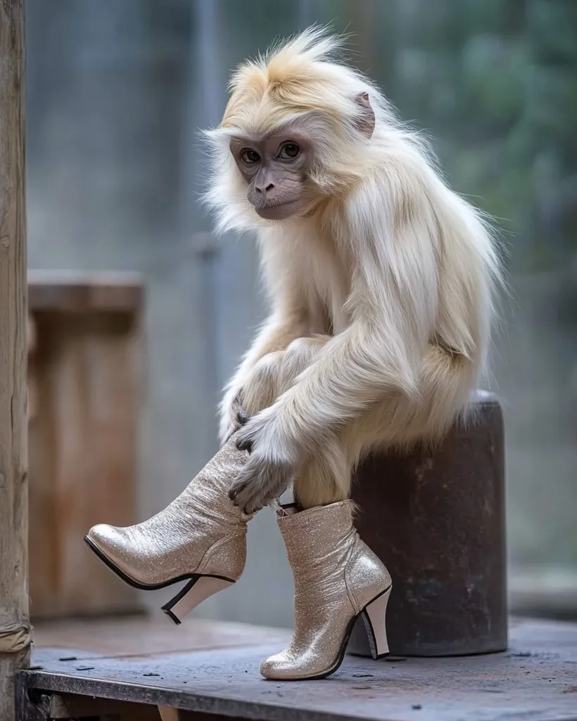 A fluffy white monkey, seemingly a young one, sits perched on a dark-colored cylindrical object.  It's adorably attempting to put on a pair of sparkly, gold high-heeled boots, its tiny hands carefully maneuvering the footwear. The setting appears to be an outdoor enclosure, possibly a zoo or sanctuary. The monkey's expression is serious, adding to the humorous image of its fashionable endeavor.