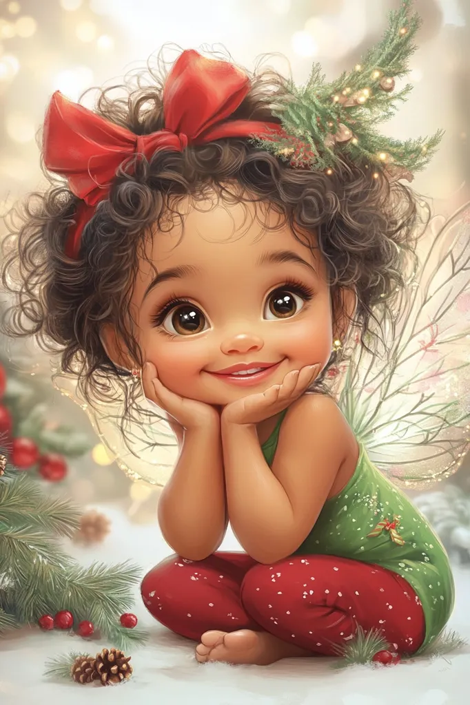 A charming illustration of a dark-haired fairy girl, adorned with a red bow and sprigs of holly.  She is seated, her hands supporting her chin, in a festive green and red outfit.  Her large, expressive eyes and sweet smile exude innocence. The snowy background and Christmas greenery enhance the holiday spirit. The image is digitally painted, with a soft, whimsical style.