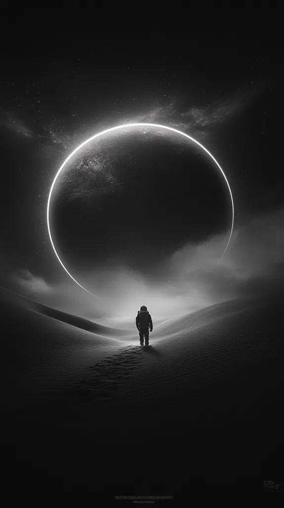 A solitary astronaut walks across a desolate, sandy landscape under a dark, starry sky.  A large, luminous celestial body, possibly a planet or moon, arcs across the horizon, its bright edge a stark contrast to the monochrome scene. The astronaut's small figure emphasizes the vastness of the alien environment, creating a feeling of isolation and wonder. Footprints trail behind the astronaut, suggesting a journey into the unknown.