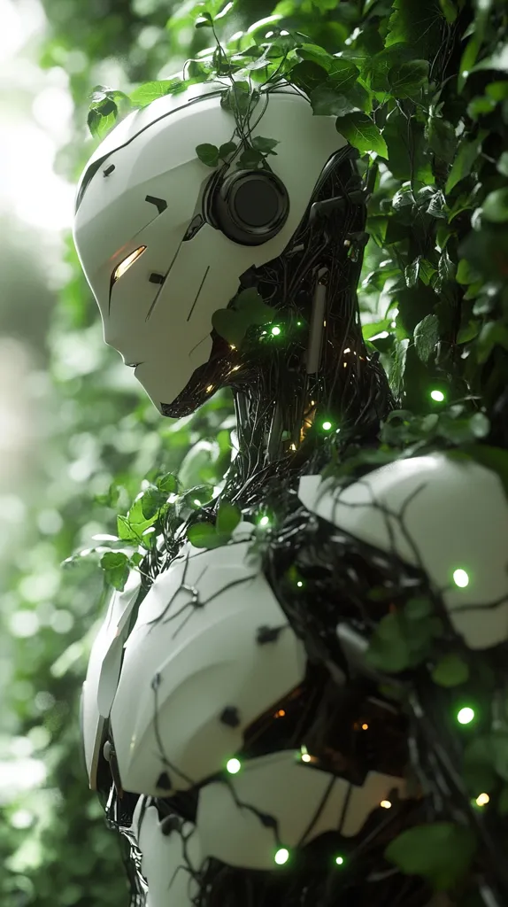 A white robot, partially obscured by lush green foliage, stands in a forest.  Its sleek, helmet-like head and body are interwoven with vines and glowing lights, creating a surreal blend of technology and nature. The robot's expression is serene, suggesting a peaceful coexistence between artificial intelligence and the natural world.  The image evokes a sense of mystery and harmony.