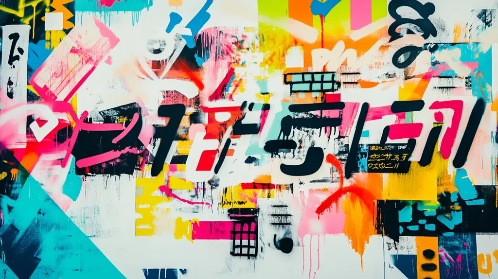 A vibrant explosion of color and graphic design.  Bold, black lettering is layered over a chaotic collage of bright pink, red, orange, yellow, blue, and turquoise.  Geometric shapes and abstract splatters create a dynamic, energetic composition.  Elements of Japanese characters are visible within the overall design, adding an international flair. The overall effect is a high-energy piece of street art or graffiti.