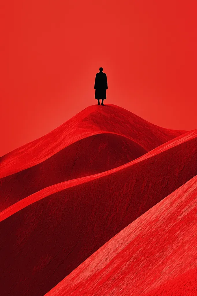A solitary, silhouetted figure in a long coat stands atop a crimson hill.  The undulating, textured landscape is a vibrant red, contrasting sharply with the black figure.  The scene is minimalist, evoking a sense of isolation and contemplation against a stark, monochromatic backdrop. The overall effect is surreal and dramatic.