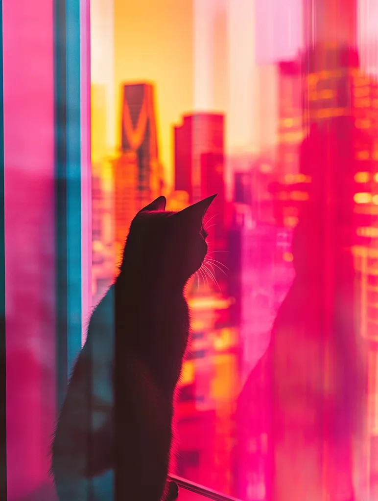 A black cat sits silhouetted against a vibrant, colorful cityscape viewed through a window.  The city is rendered in shades of pink, orange, and red, creating a dramatic contrast with the dark feline. The cat appears to be gazing out at the urban panorama, its profile sharply defined against the bright, blurred background. The overall effect is a stylized and artistic image.