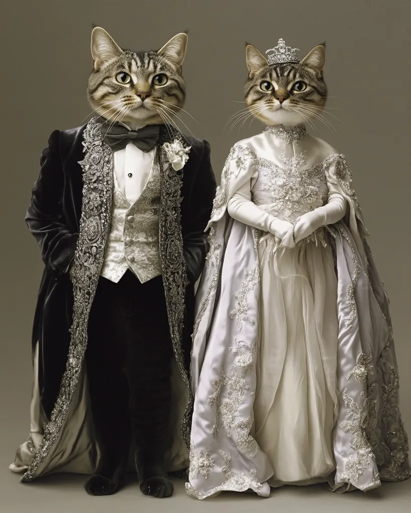 A regal tabby cat couple, dressed in elaborate attire, stand poised against a neutral backdrop. The male cat is attired in a dark velvet coat with silver embroidery, a waistcoat, and bow tie.  His female counterpart, wearing a silver and white gown with intricate beading and a tiara, exudes elegance.  Both cats maintain a dignified composure, creating a whimsical, formal portrait.