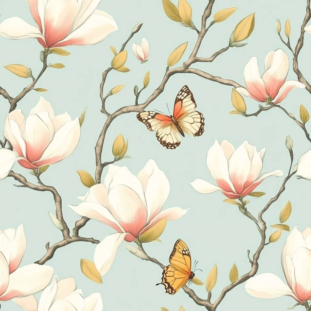 A seamless pattern showcases delicate magnolia blossoms in soft pink and white hues, elegantly arranged on pale blue branches. Two butterflies, one orange and one yellowish-white, flutter amidst the flowers, adding a touch of vibrant life to the serene botanical design.  The illustration style is reminiscent of vintage botanical prints.