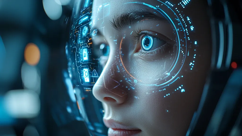 A close-up shot reveals a person's face partially obscured by a futuristic helmet displaying a vibrant, glowing blue holographic interface.  The intricate digital overlay covers one eye, suggesting augmented reality or advanced technology.  The overall aesthetic is sleek, dark, and technologically advanced, evoking a sense of cyberpunk or science fiction.