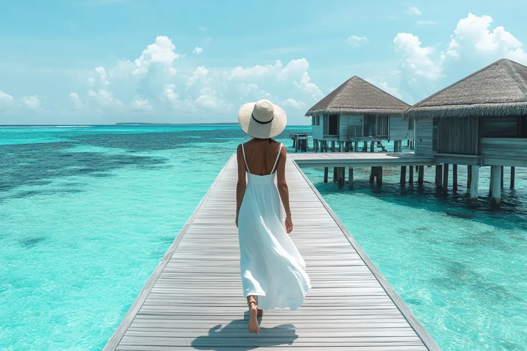 A woman in a white dress and straw hat walks down a wooden dock over turquoise water towards overwater bungalows.  The idyllic tropical scene features clear, shallow water and a bright sunny sky. The scene evokes a sense of tranquility and luxury.