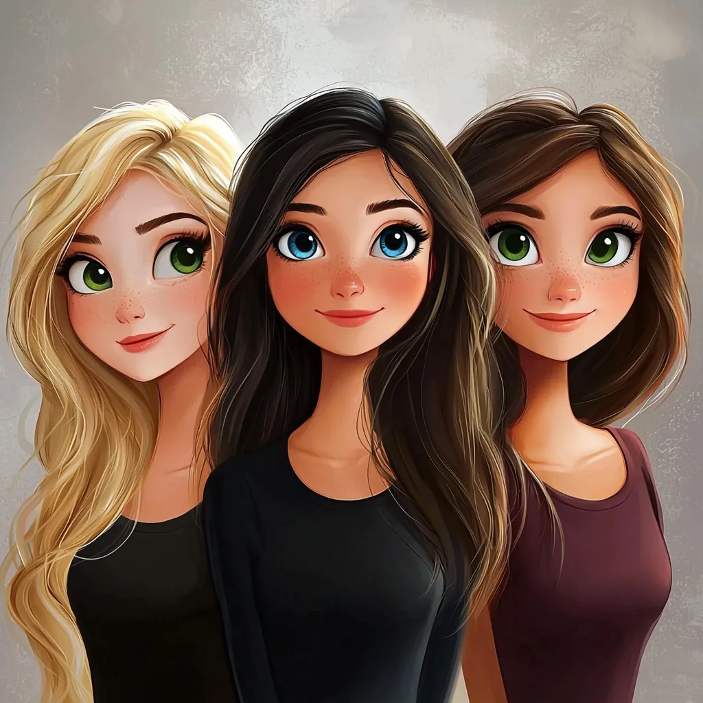 The illustration showcases three anime-style girls standing shoulder to shoulder.  Each girl possesses distinct hair colors—blonde, dark brown, and light brown—and striking green or blue eyes.  They have similar facial features, including rosy cheeks and a cheerful expression.  The girls wear simple, dark-colored tops. The style is cute and expressive, creating a friendly and appealing image.