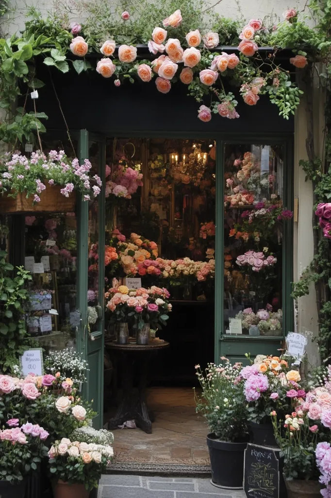A charming Parisian flower shop is overflowing with blooms.  Peach roses cascade above the dark green door, while various bouquets and potted plants, including roses, peonies, and other spring flowers, decorate the shop's exterior and fill its interior.  Hanging baskets and meticulously arranged displays showcase the florist's artistry. The quaint setting evokes a sense of romance and old-world charm.