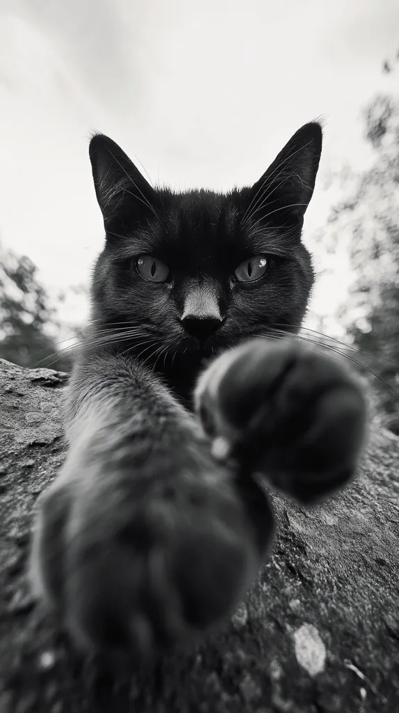 A black cat in a monochrome close-up shot extends its paw towards the viewer. Its intense gaze and forward-reaching paw create a dramatic and engaging image. The background is softly blurred, with hints of trees and a rocky surface. The cat's fur is meticulously detailed, showcasing its texture and sleekness. The overall mood is serious yet captivating.
