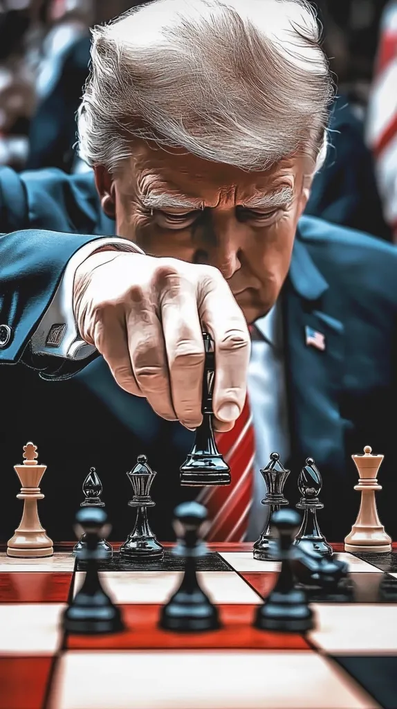 A stylized portrait depicts Donald Trump intensely focused on a chess game.  His hand carefully moves a black piece, his expression serious and strategic.  The image uses dramatic lighting and a slightly painterly style to emphasize the gravity of the moment, suggesting a high-stakes political or life-altering decision. The chessboard and pieces are sharply in focus, contrasting with a blurred background.