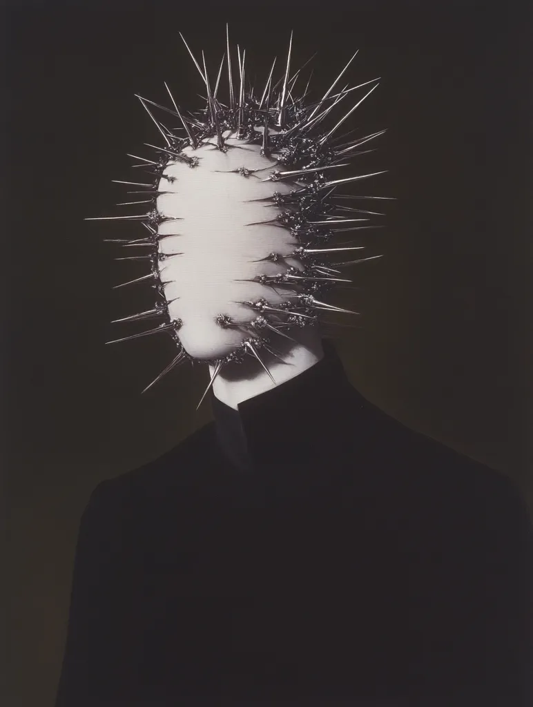 A monochromatic close-up reveals a figure adorned in a striking, spiky headpiece resembling a crown of metallic thorns.  The face is obscured by a pale, featureless mask, creating an enigmatic and unsettling effect. The figure's attire consists of a dark, high-collared garment that adds to the overall mysterious and somewhat gothic aesthetic. The stark contrast and sharp details emphasize the dramatic intensity of the image.