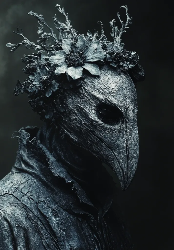 A monochromatic close-up reveals a figure adorned in a textured, bird-like mask and a crown of dark, decaying flowers.  The mask's surface resembles aged wood or stone, and the overall aesthetic evokes a sense of gothic fantasy or macabre beauty. The figure's clothing is equally rough and weathered, contributing to the dark and mysterious atmosphere.
