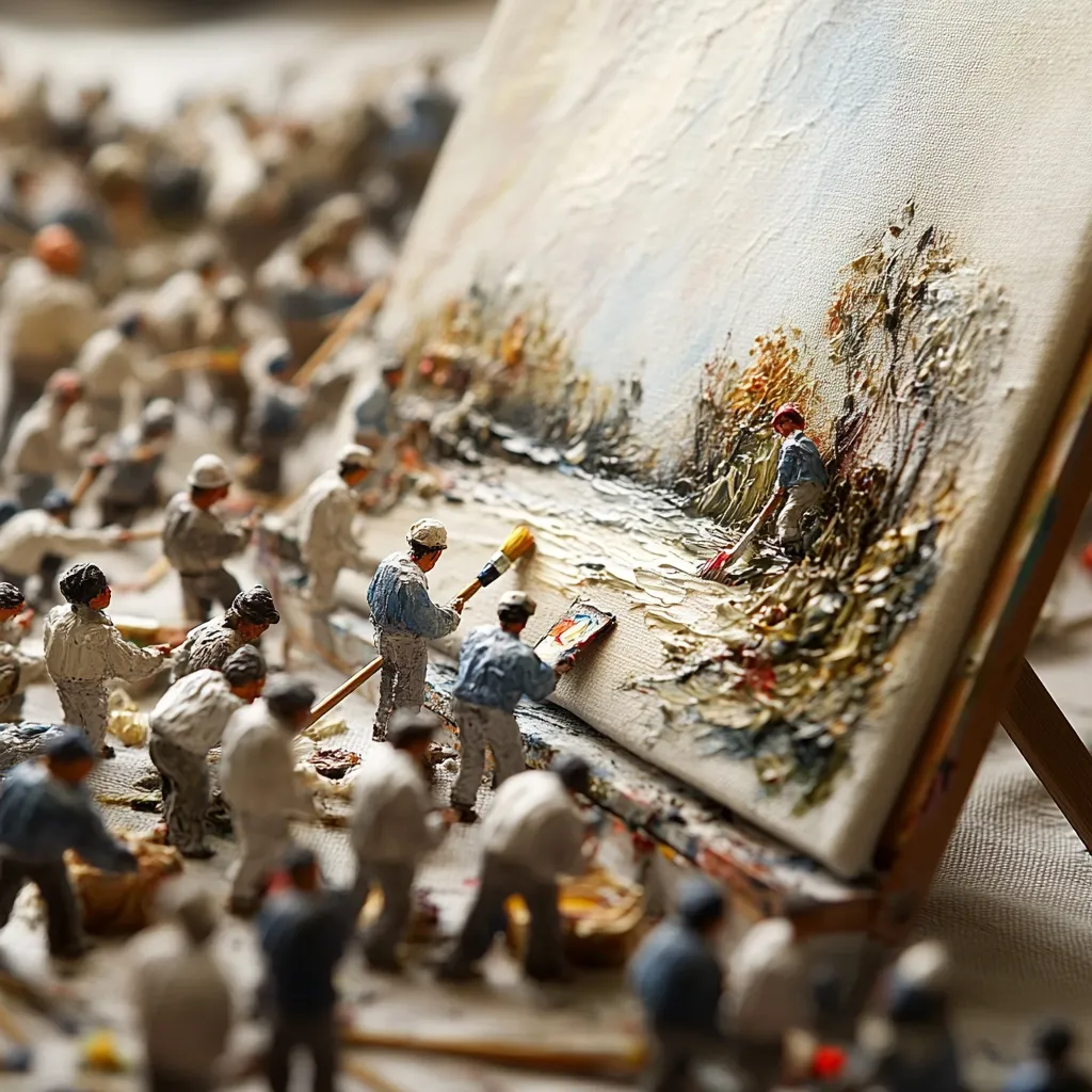 A miniature scene depicts a massive group of tiny figures painstakingly painting a large canvas.  The canvas shows a landscape scene, rendered with impasto style. The figures work collaboratively, some holding brushes, others seemingly mixing paints or preparing supplies.  The overall effect is a whimsical and detailed artwork within an artwork.