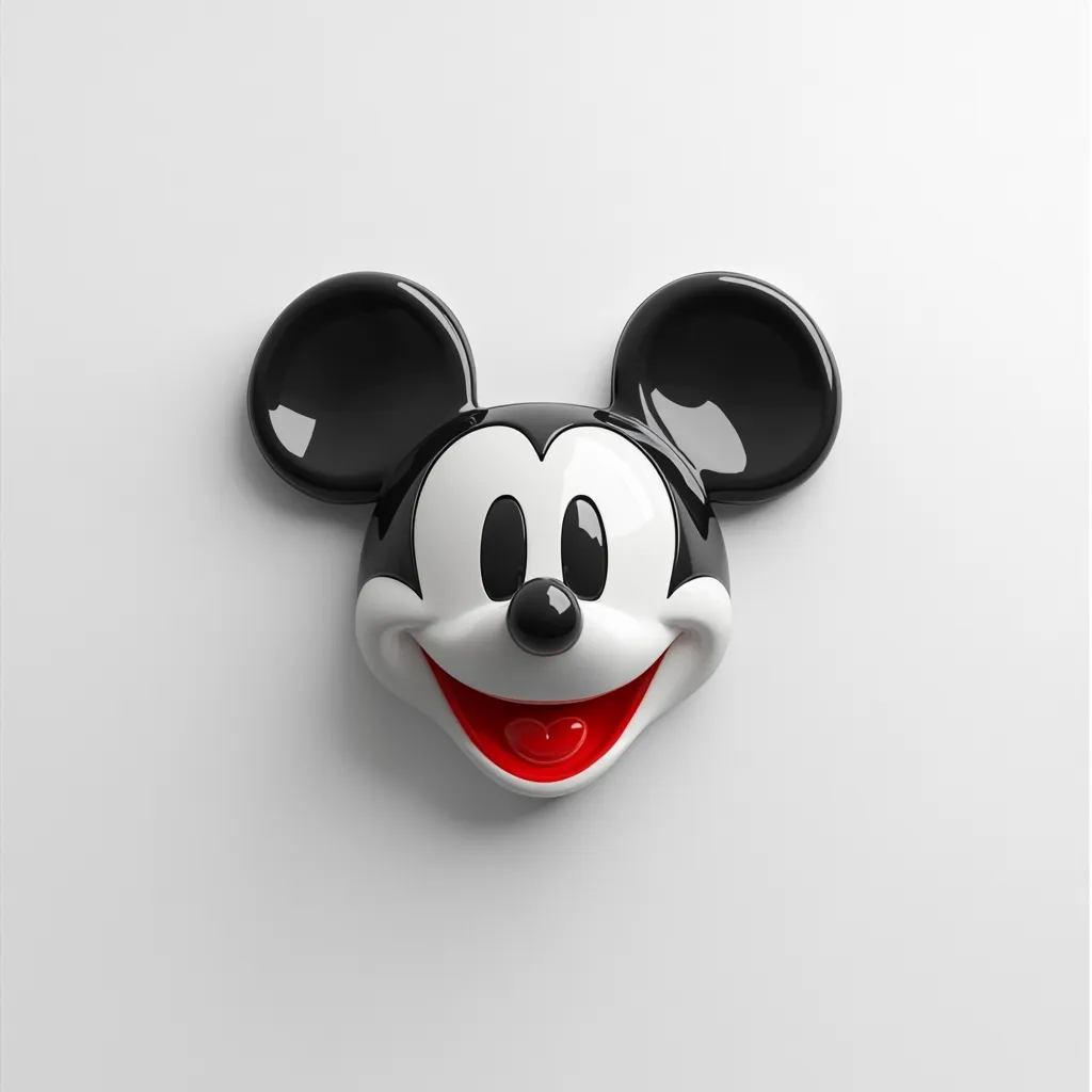 A three-dimensional rendering of Mickey Mouse's head is presented against a stark white backdrop.  The iconic character is depicted in a classic style, featuring his large black ears, white face, and signature red mouth.  The glossy finish adds a touch of playful shine to the minimalist composition. The image is simple yet evocative, capturing the essence of the beloved Disney character.