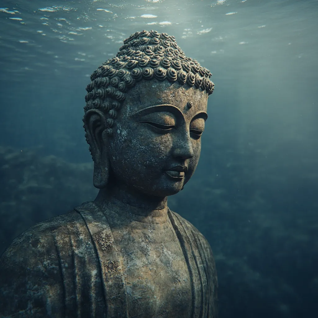 A serene underwater image depicts a weathered, bronze Buddha statue.  Submerged in dark teal water, sunlight filters through the surface, illuminating the statue's peaceful expression. The detailed craftsmanship of the ushnaisha, or cranial protuberance, is visible. The statue's robe drapes over its shoulders, conveying a sense of tranquility and the passage of time.  The background suggests a rocky seabed, enhancing the image's contemplative atmosphere.