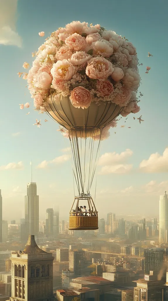 A whimsical hot air balloon, crafted from a breathtaking bouquet of pale pink peonies, floats serenely above a cityscape.  Several passengers occupy the woven basket below, enjoying a unique aerial perspective.  The scene is bathed in a soft, dreamy light, creating a fantastical and enchanting atmosphere.  Small birds and butterflies add to the magical quality of the image.