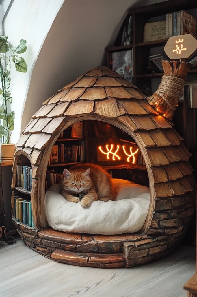 An orange tabby cat naps peacefully inside a handcrafted, hobbit-hole-inspired cat bed.  The intricately detailed wooden structure features a shingled roof, small built-in bookshelves, and warm internal lighting.  The cozy interior is furnished with a plush cushion, providing a comfortable and whimsical resting place for the feline.  The cat bed is positioned near a bookshelf, adding to its charming, bookish ambiance.