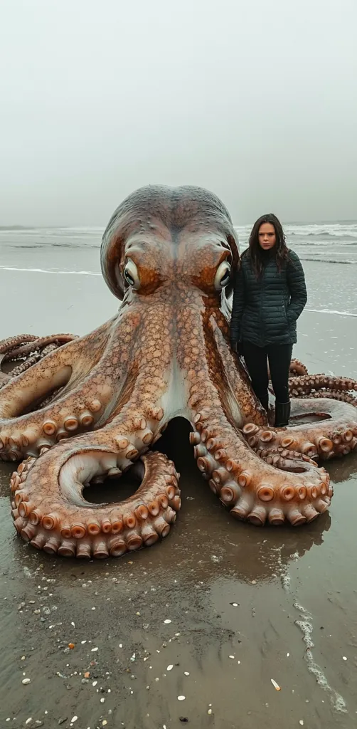 A woman stands beside a colossal octopus on a wet, sandy beach. The octopus is enormous, its many arms sprawling across the sand.  The scene is overcast, with a grey sky and muted ocean in the background.  The woman appears small in comparison to the massive size of the sea creature, creating a striking contrast.  The overall impression is one of awe and perhaps a hint of unease.