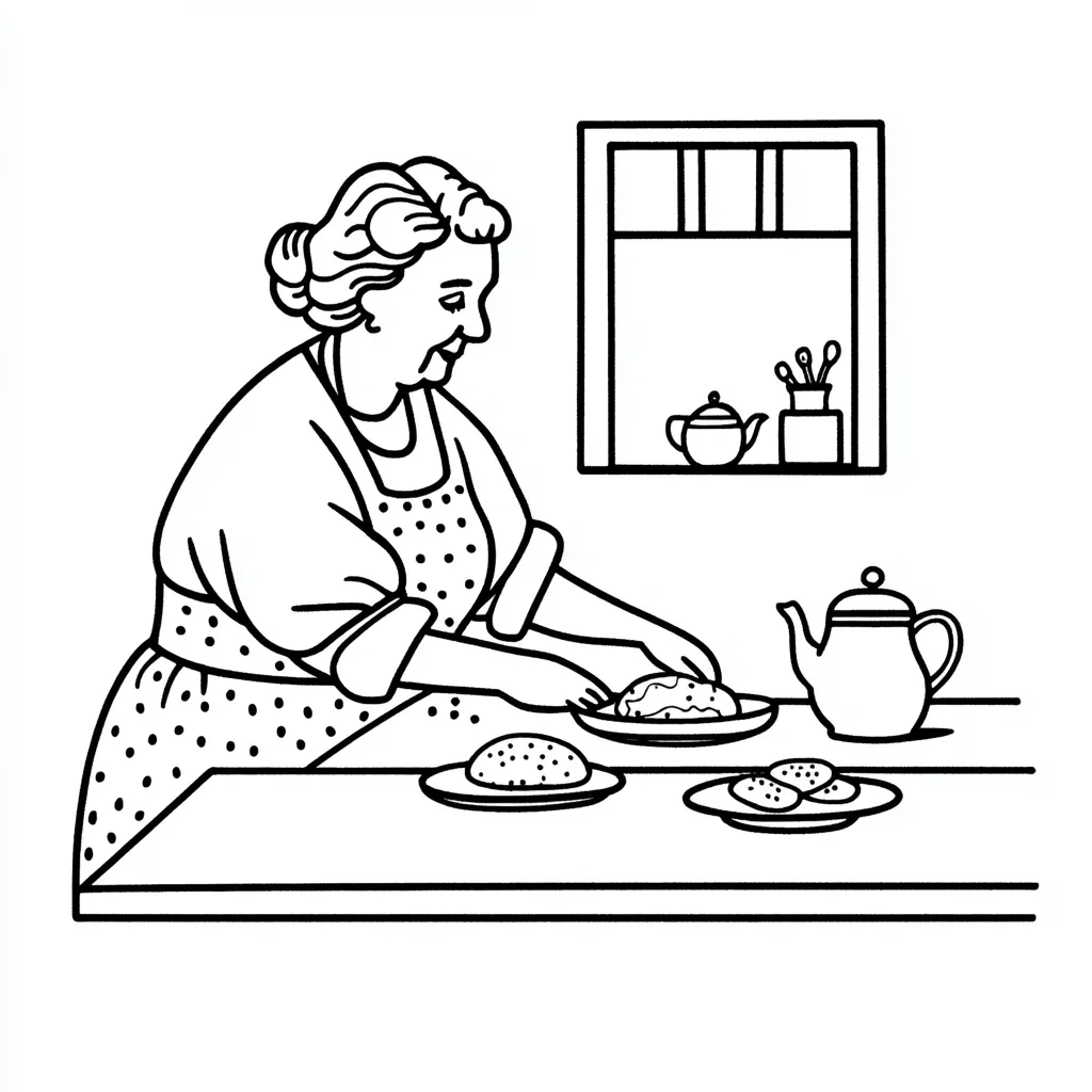A line drawing depicts an elderly woman in a polka-dotted apron carefully placing a baked good onto a plate on a kitchen counter.  Other baked goods and a teapot are on the counter.  A window with a small shelf holding a teapot and container is visible behind her. The scene is simple and suggests a cozy, domestic atmosphere.