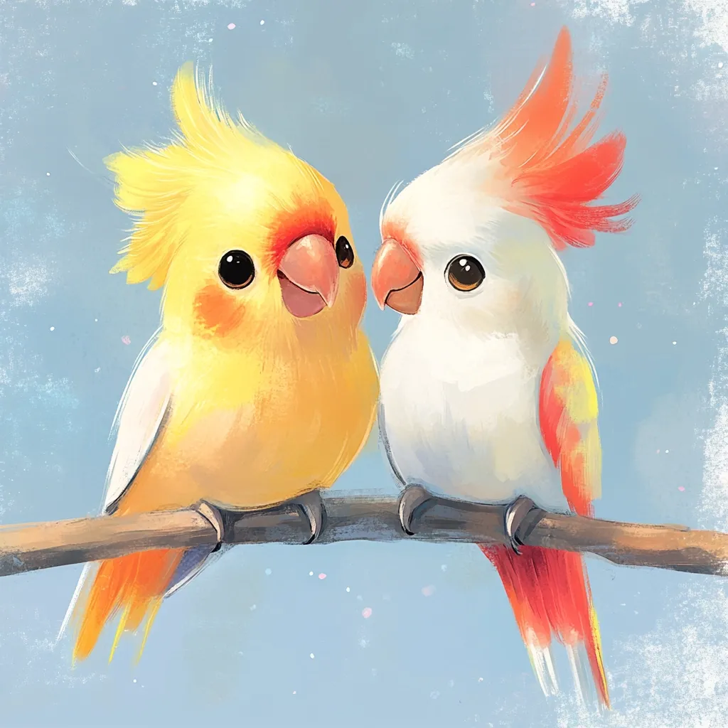 A charming illustration depicts two stylized birds perched on a branch.  One is a vibrant yellow with orange accents, reminiscent of a cockatiel, while the other is predominantly white with bright orange feathers, suggesting a cockatoo.  Their large, expressive eyes and cheerful expressions create a sweet and endearing image. The soft, pastel background complements the birds' bright colors.