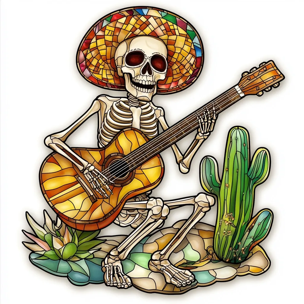 A whimsical illustration depicts a skeleton, adorned in a vibrant sombrero, serenading the desert.  The skeleton sits amidst cacti and succulents, playing a stained-glass-styled acoustic guitar. The colors are bold and saturated, mimicking a stained-glass window effect, creating a festive and slightly macabre scene reminiscent of Dia de los Muertos.