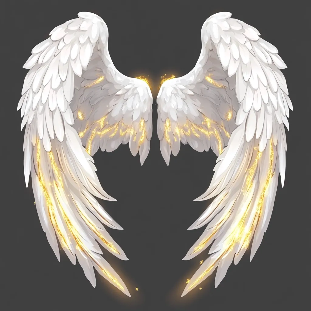A pair of large, white angel wings are depicted against a dark gray background.  The wings are intricately detailed, with individual feathers clearly visible.  Golden sparkles or dust trail along the edges of the feathers, adding a celestial and ethereal glow to the overall image. The wings are presented symmetrically, creating a visually balanced and captivating composition.