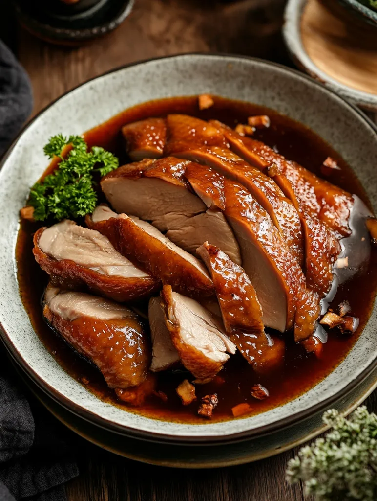 A gray bowl holds glistening slices of braised duck, swimming in a rich, dark brown sauce.  The duck is arranged artfully, revealing tender meat and a flavorful glaze.  A garnish of fresh parsley adds a pop of green. The scene is set on a dark wooden table, emphasizing the dish's warm, inviting colors.