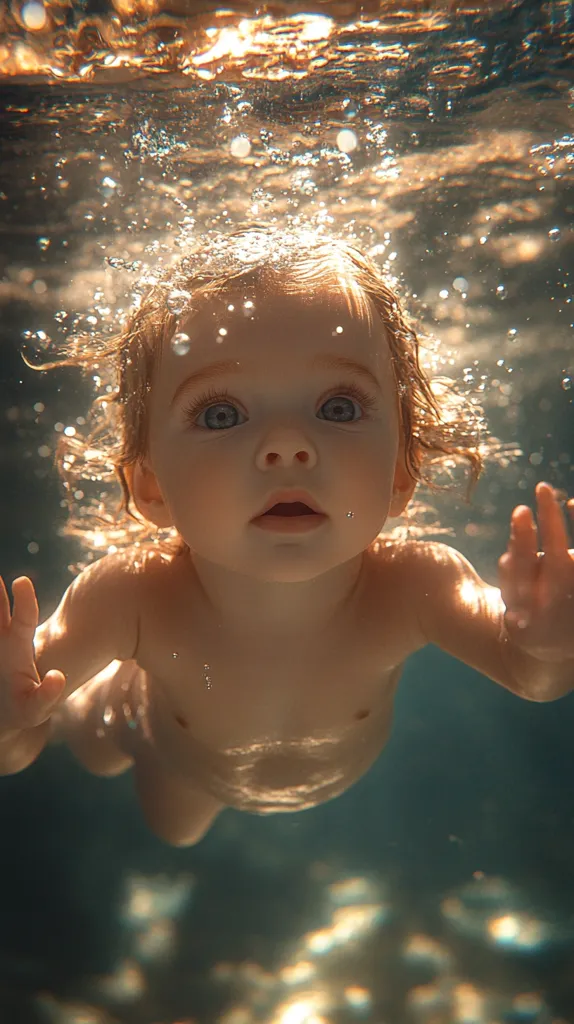 An underwater photograph captures a baby with blonde, curly hair submerged in a pool.  Sunlight filters through the water, creating a shimmering effect around the child.  The baby's eyes are wide open, gazing directly at the camera, creating a captivating and serene image.  Bubbles surround the baby's head and body, adding to the underwater ambiance.