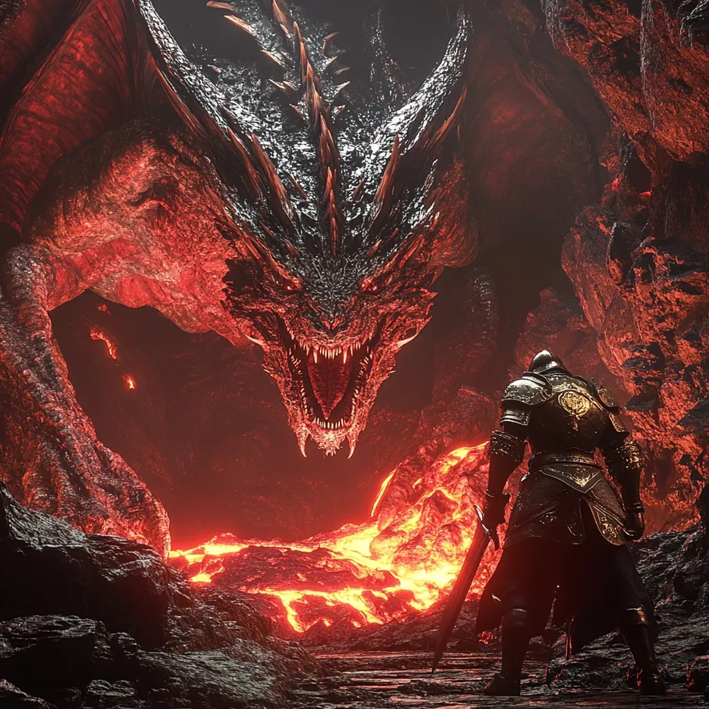 A lone knight in dark armor stands before a colossal, fiery red dragon in a volcanic cavern.  Molten lava flows between them, creating a dramatic and intense scene. The dragon's massive size and open jaws emphasize the danger facing the knight, creating a powerful image of impending conflict.  The overall atmosphere is dark, ominous, and filled with tension.