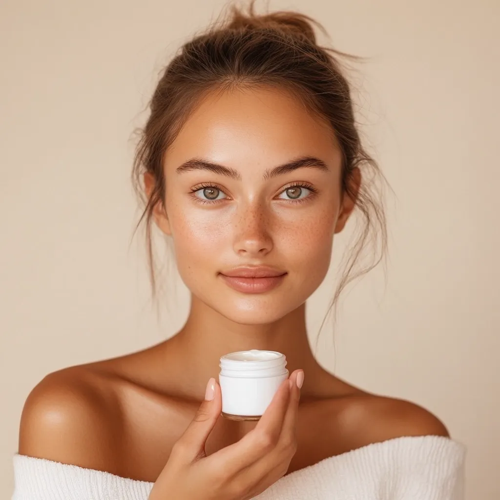 A young woman with a sun-kissed complexion and freckles holds a small white jar of face cream.  Her hair is styled in a messy bun, and she wears a simple off-white sweater.  She looks directly at the camera with a soft, natural expression. The image conveys a sense of beauty and skincare.