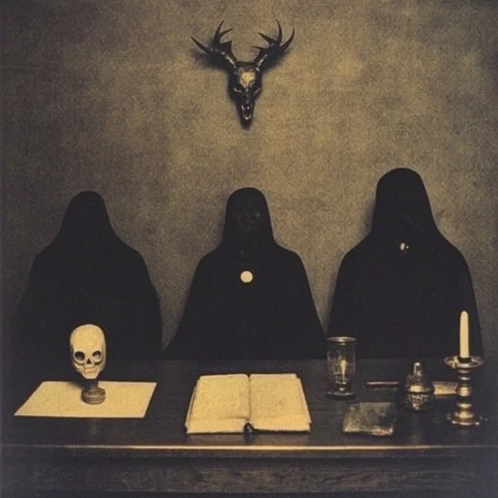 Three cloaked figures sit at a dark table, their faces obscured. A human skull sits on a pedestal, and an open book rests before them.  A deer skull hangs on the wall above, casting a somber atmosphere. A candle burns near a glass, adding to the mysterious and occult-like scene.  The overall image is dark, moody, and suggestive of a ritualistic setting.