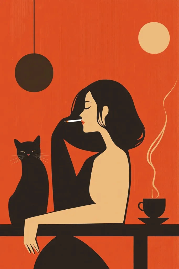 A stylish woman with dark hair sits at a table, smoking a cigarette and enjoying a cup of coffee.  A black cat sits calmly beside her. The artwork is in a minimalist style with bold colors and simple shapes, predominantly orange and black, creating a retro-chic vibe. A hanging pendant light and a stylized sun are subtle background elements.