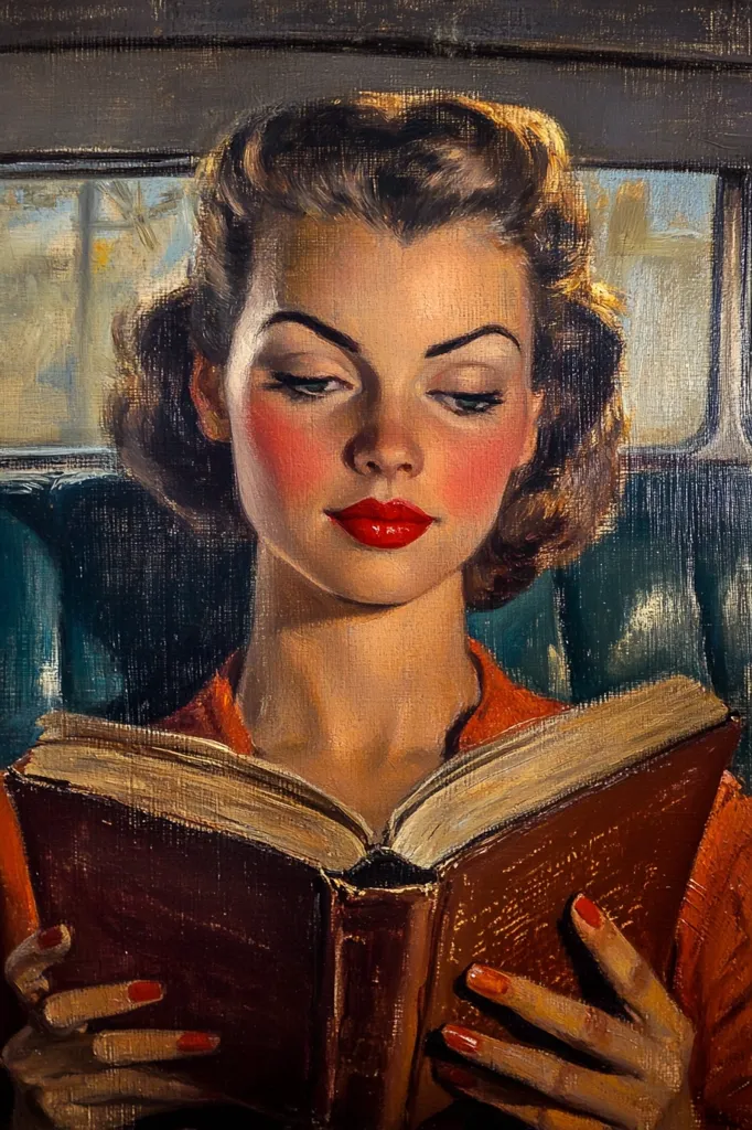 A painting of a woman with dark brown hair styled up, wearing a burnt orange dress, sits in a vehicle and reads a book. Her rosy cheeks and red lipstick are accentuated by the warm lighting. The book is dark brown, and her hands gently hold it open. The background is blurred, suggesting a vintage car interior with a window showing an indistinct outdoor scene.  The style is reminiscent of mid-20th-century American illustration.
