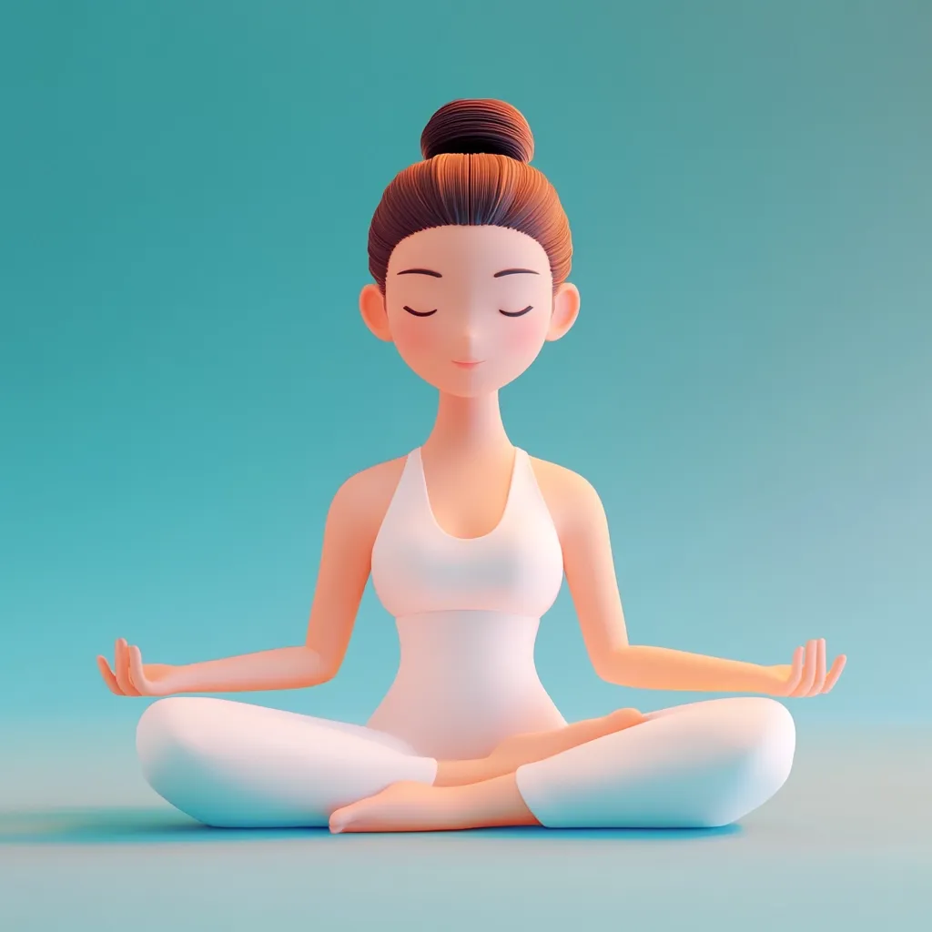 A 3D rendered cartoon woman sits in a peaceful lotus yoga pose.  She has brown hair in a bun, closed eyes, and wears a white yoga outfit.  The serene expression and soft lighting create a calming atmosphere against a light teal background. The image evokes feelings of tranquility and mindfulness.